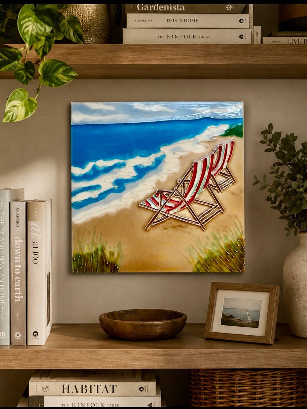 Coastal Canvas Art with Red & White Striped Beach Chairs